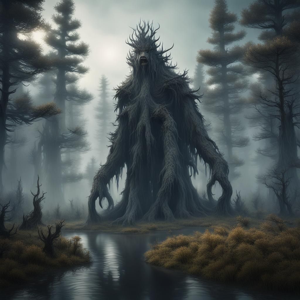 Creature rising out of a murky swamp. Wispy fog. Black spruc...