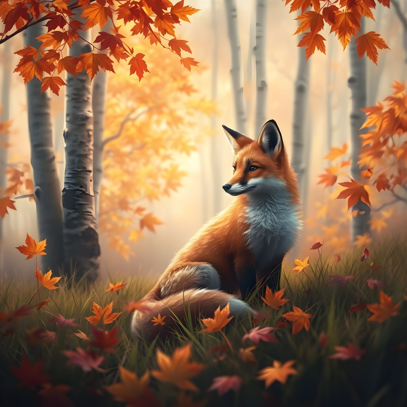 birch forest in autumn, colorful leaves and a fox sitting in the grass  by @Mila K