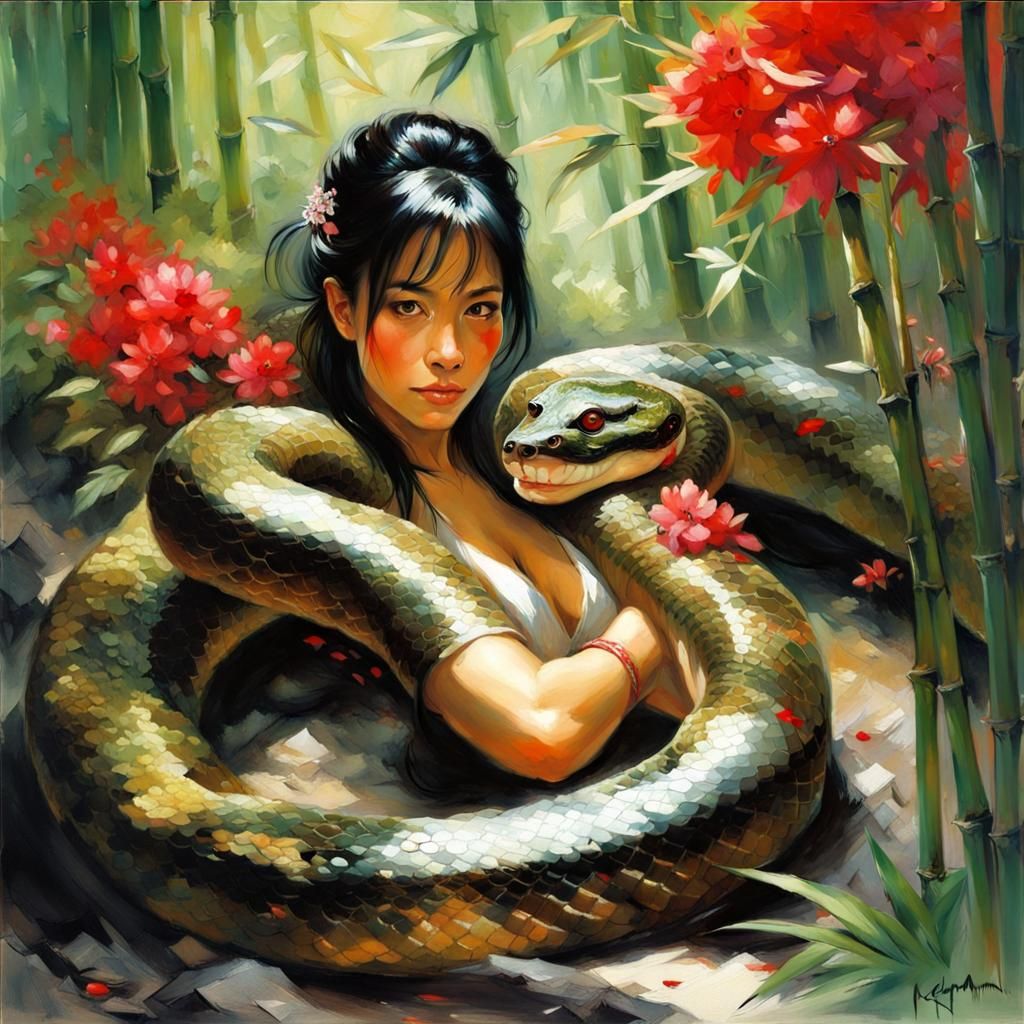 Close-up of an anaconda in a bamboo forest with red flowers