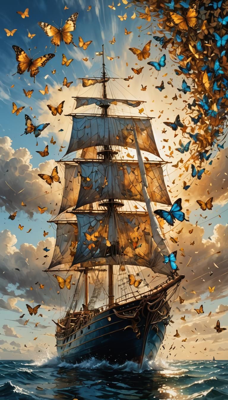 The silhouette of a sailboat made of butterflies, fantasy by...
