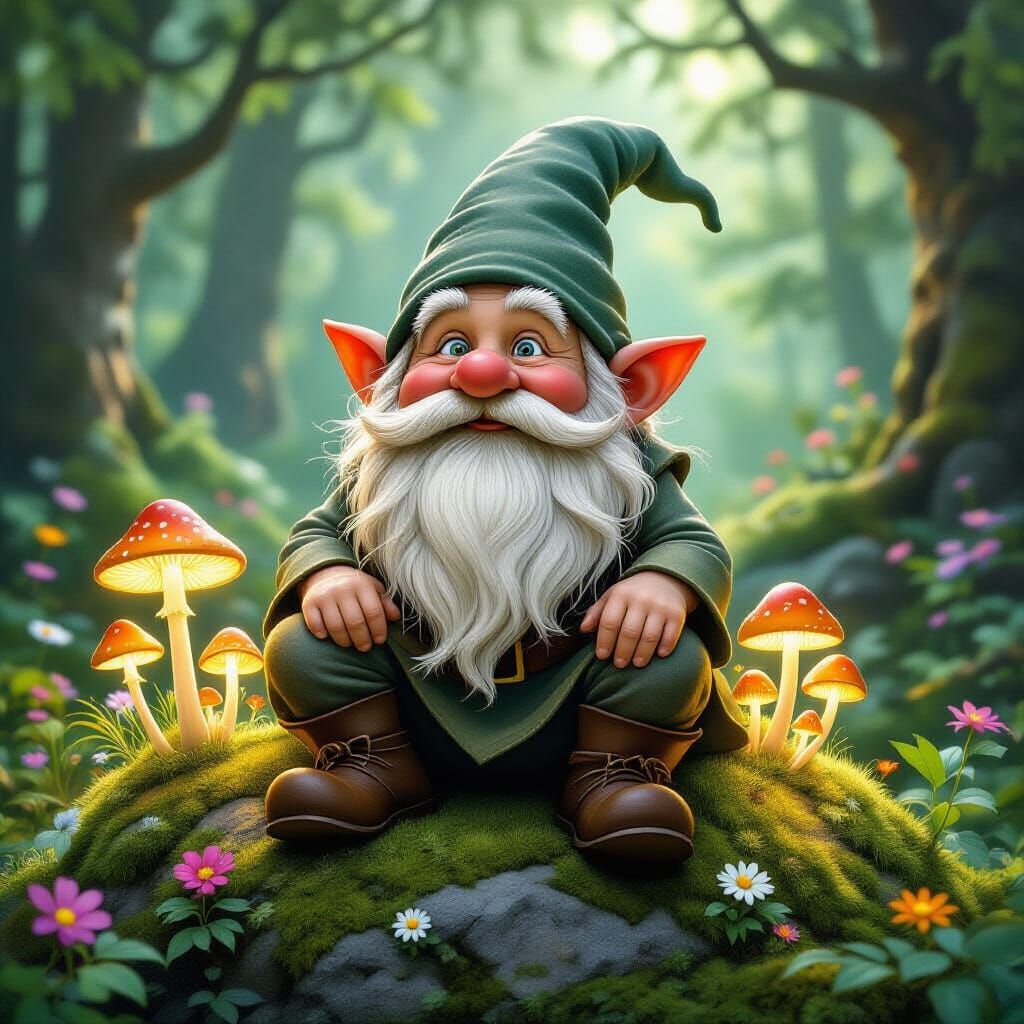 A wise, old gnome with a long, flowing beard sits on a moss-covered rock in an enchanted forest, surrounded by glowing mushrooms and colorfu...