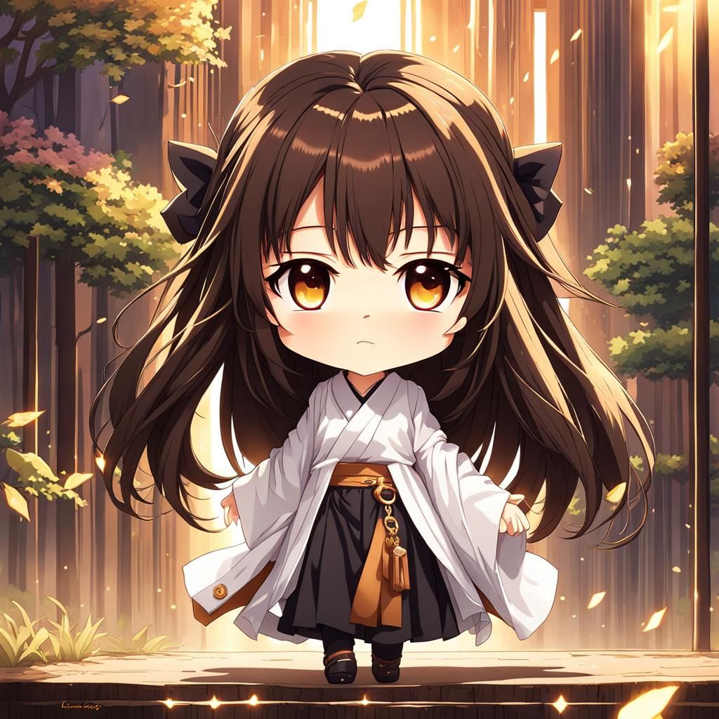 chibi female, cute, brown eyes, black flowy hair, tan skin, ...