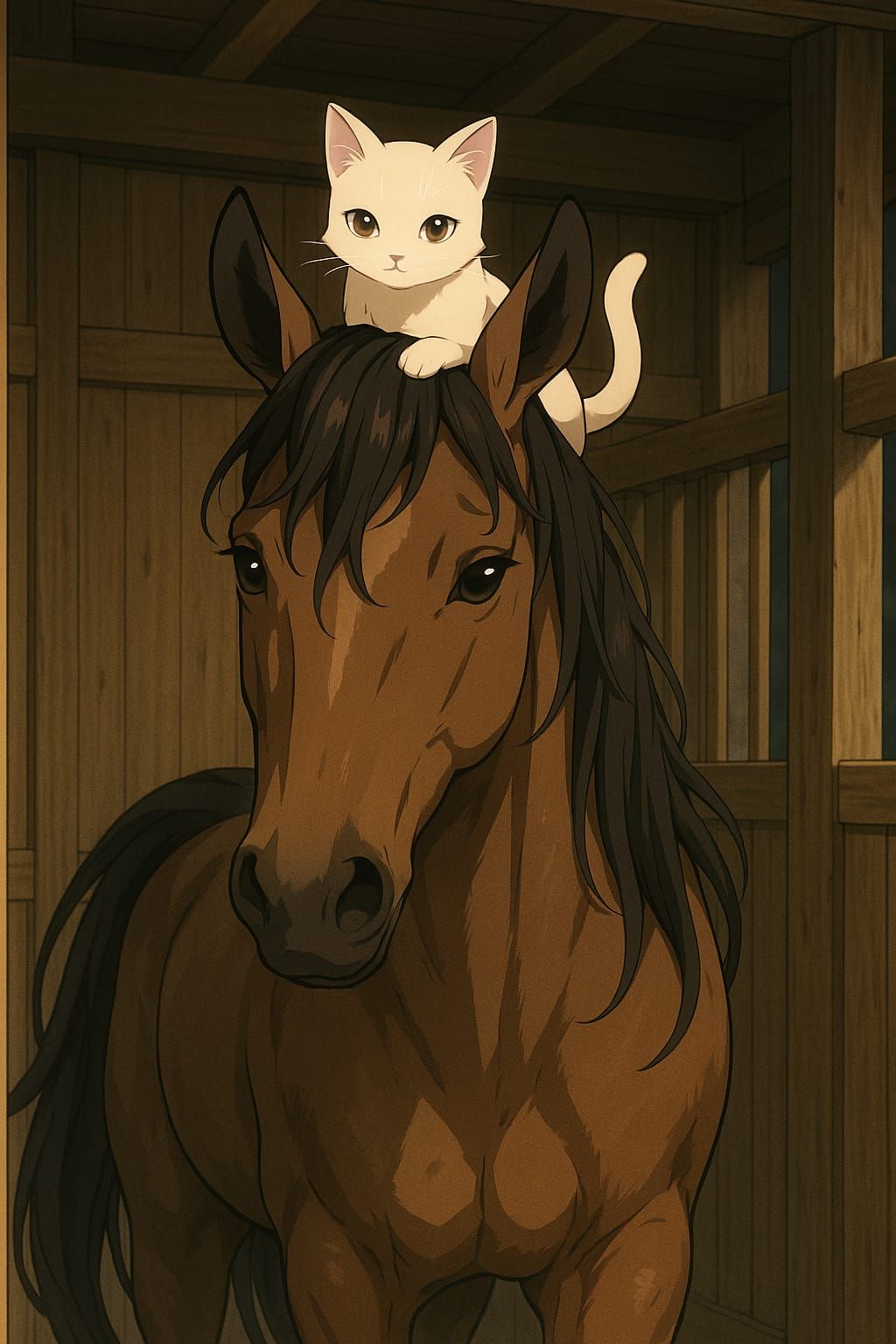 Kitten siting on the horse's head