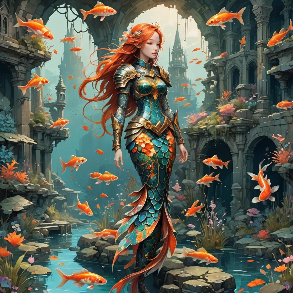 (full body shot of a koi mermaid wears a knight armour the ruins of a ...