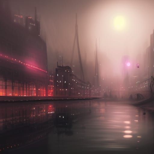 A foggy urban landscape at night  by @undefined