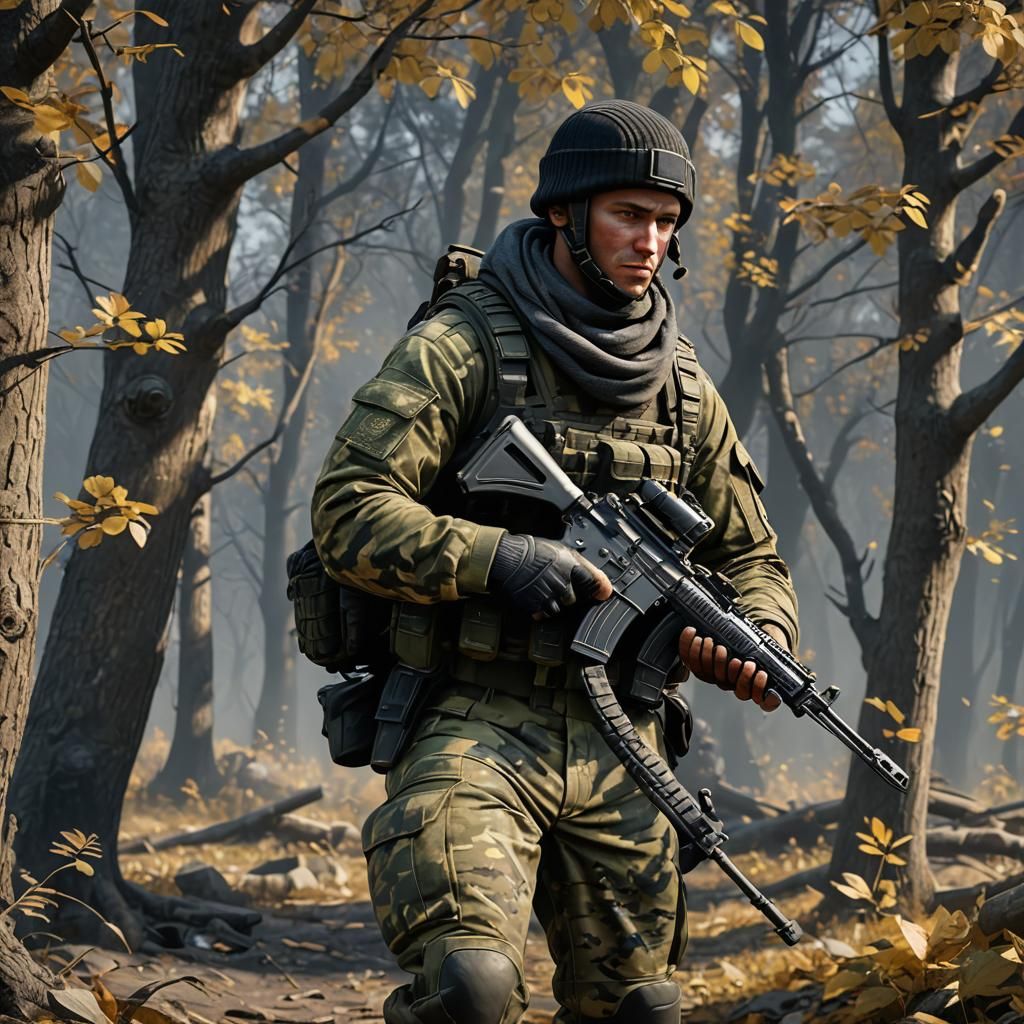 A spetsnaz vdv soldier in airborne camo and is armed with an...