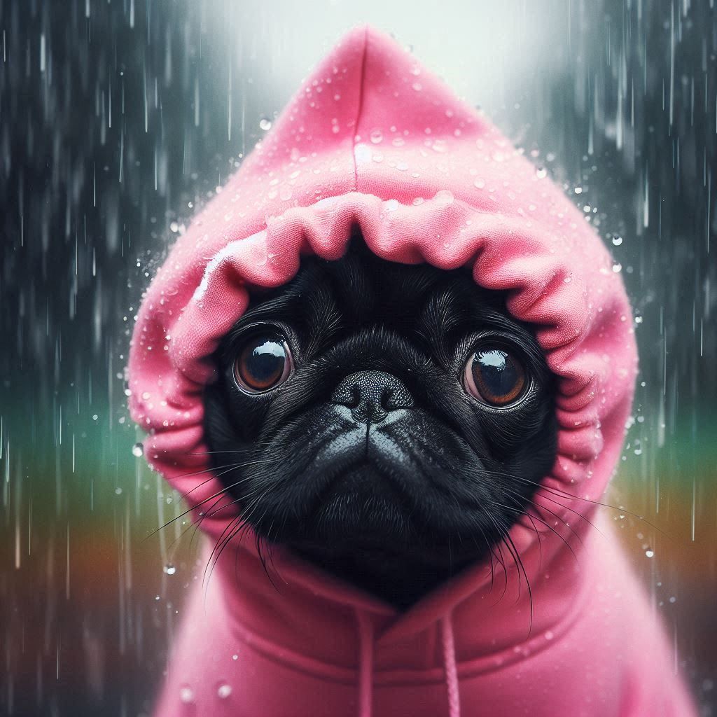 Cute Pug Wearing a Pink Hoodie in the Rain