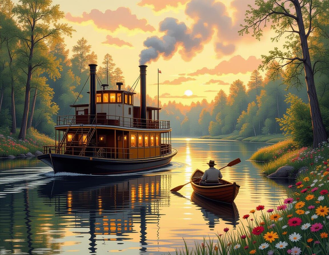 PROMPT: "Spring River with Paddlewheel Steamboat and Fisherman"
An enchanting springtime river scene depicted in oil painting style. A class...