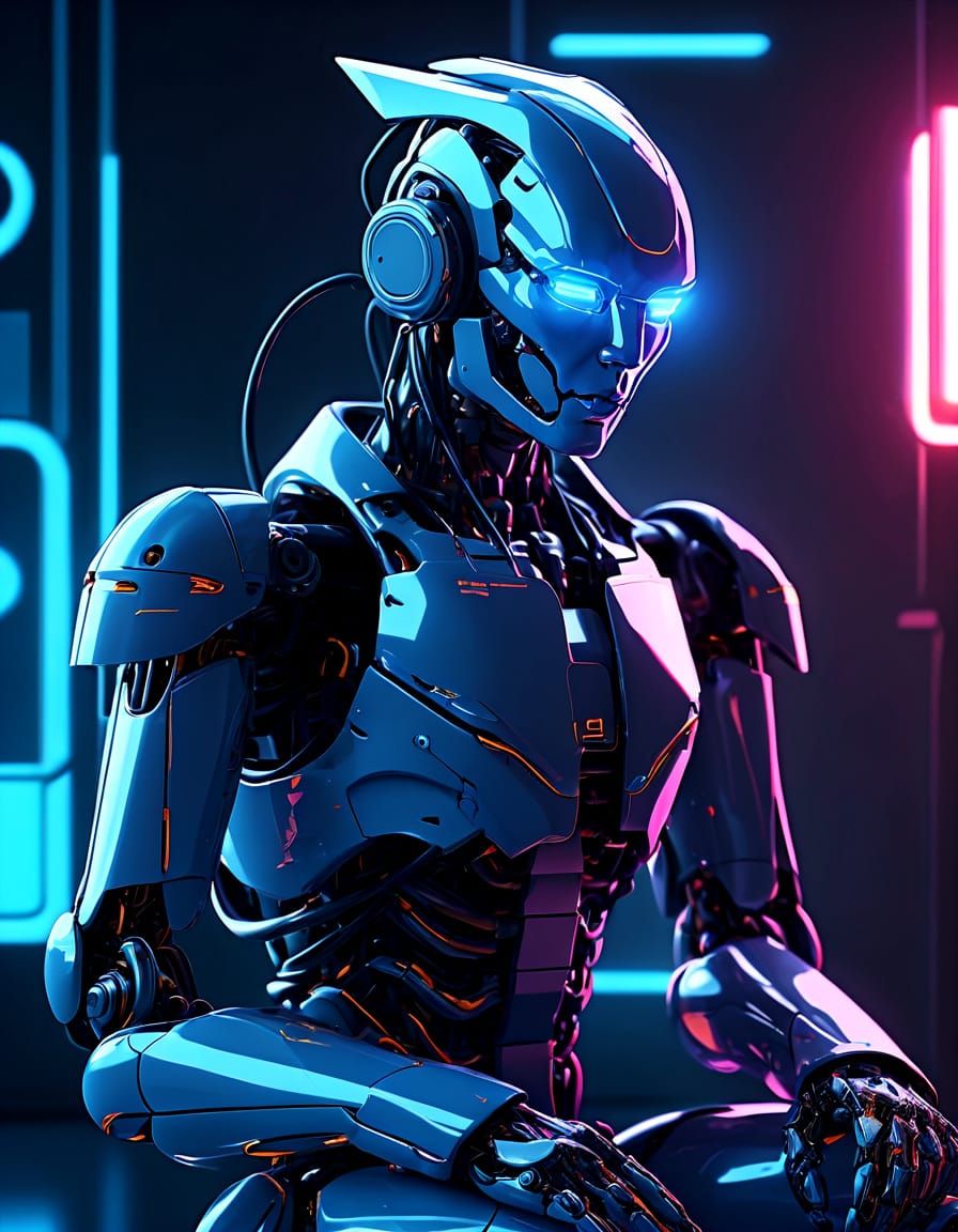 Sleek Robot Seeks Refuge in Neon Drenched Urban Landscape
