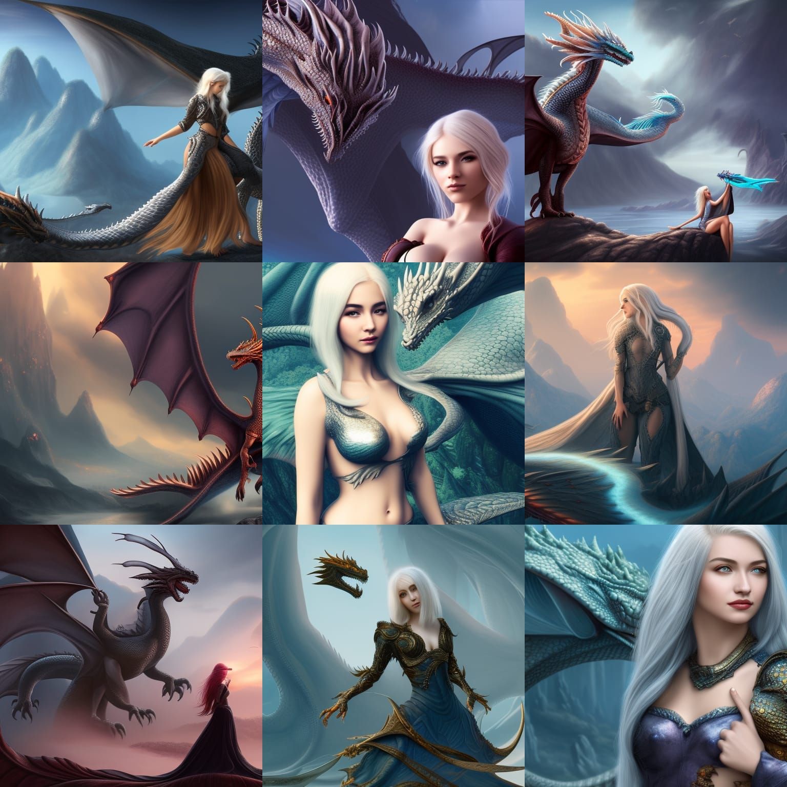 young woman with silver blonde hair with a dragon in the bac...