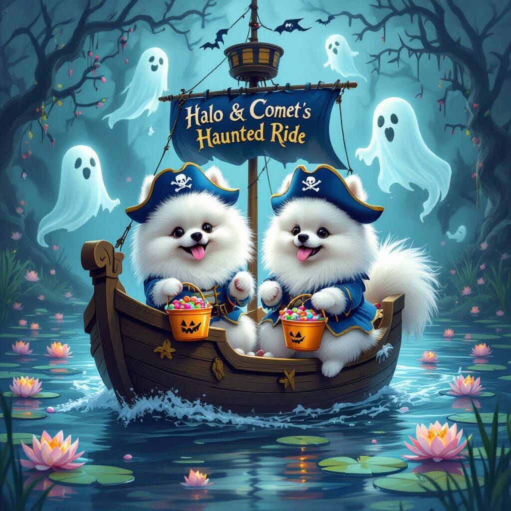 2 fluffy white pomeranians are taking a haunted  pirate ship ride through a scary lake with lilypads and ghosts.  They are wearing blue pira...