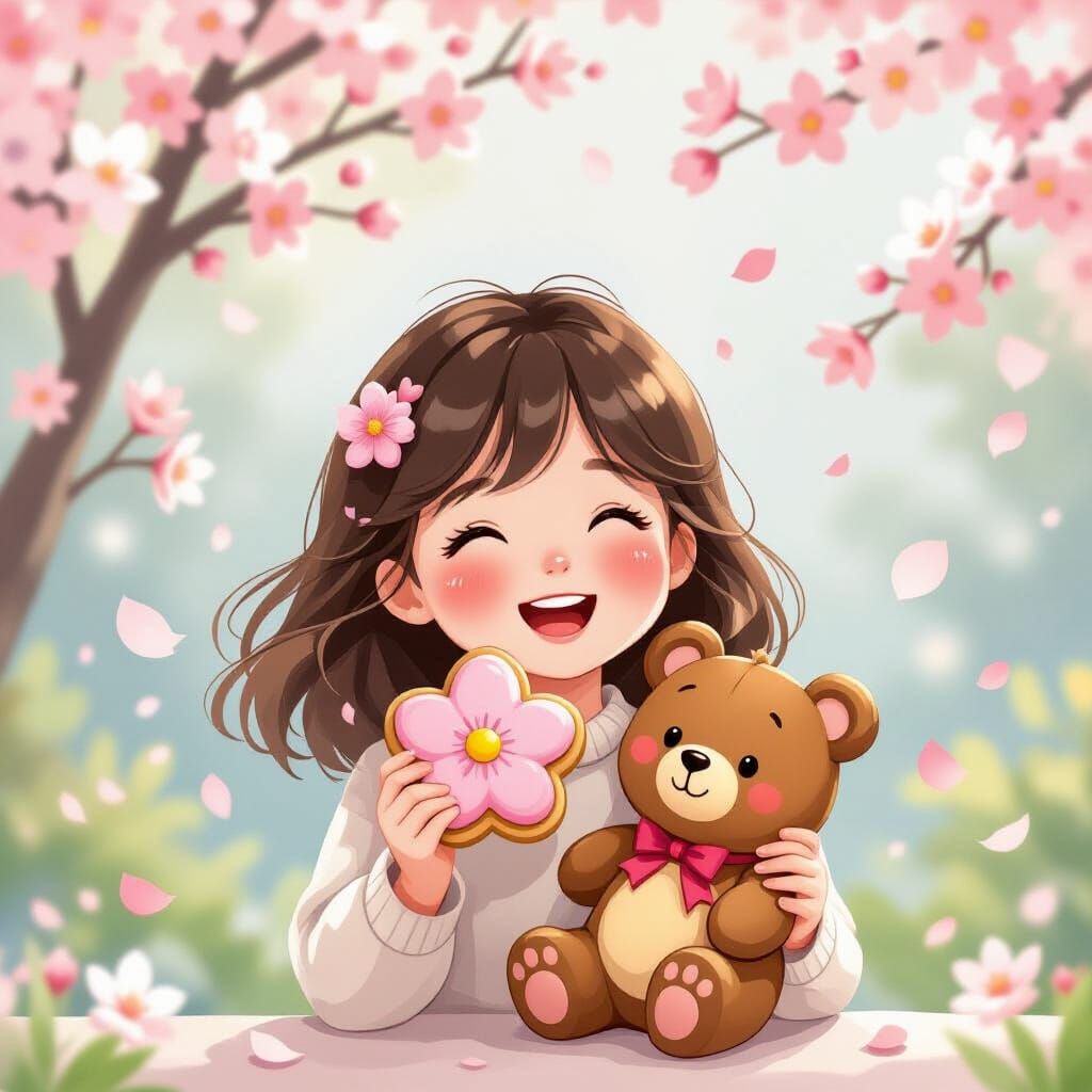 Cute Girl Holds Cookies Amidst Cherry Blossoms