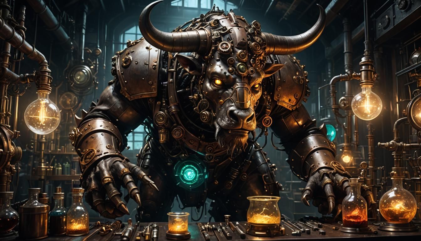 A steampunk minotaur is doing dark scientific experiences in...