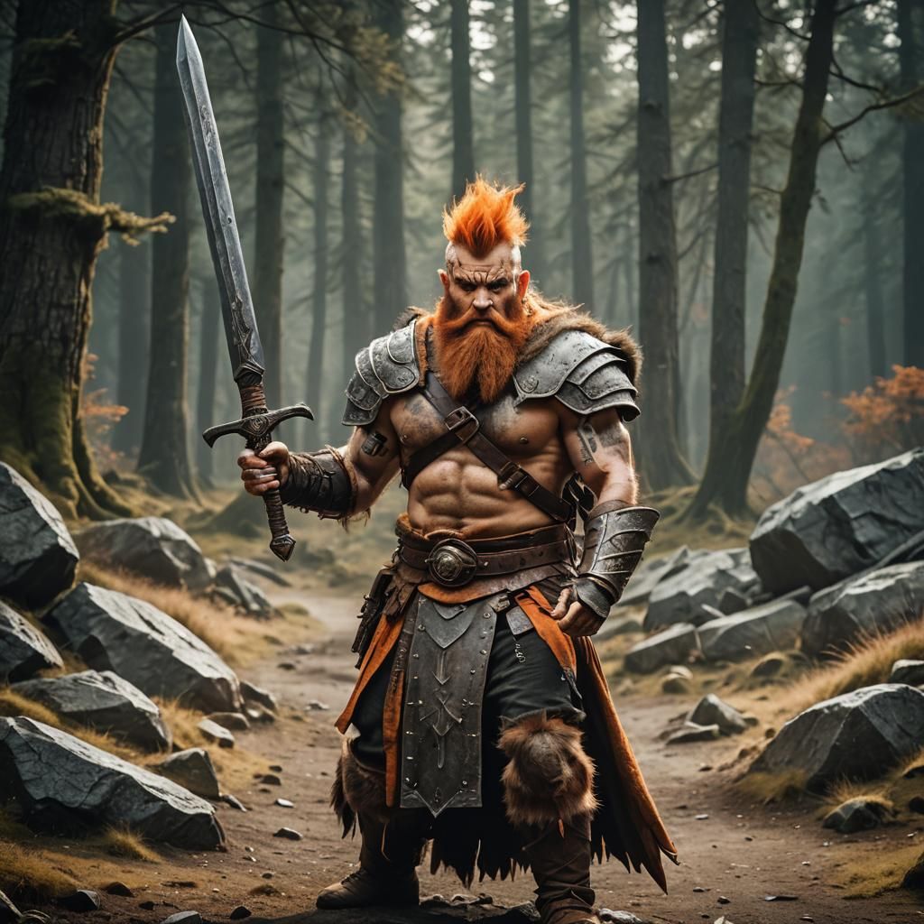 Action pose for A single strong bare chested dwarven barbarian with orange mohawk and beard wielding a magical claymore sword in both hands....