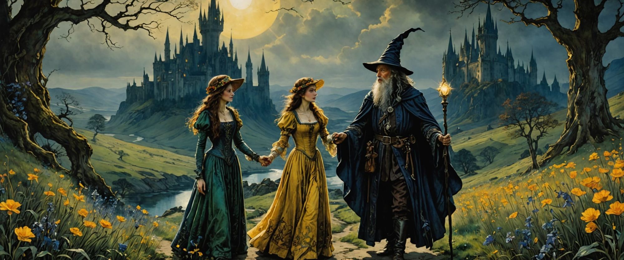 The Wizard And His Lady, by Arthur Rackham, sunlight, bright, flowers, eerie mysterious lighting, glowing, luminescent, holographic, bright,...