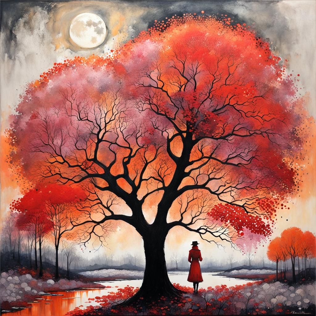 Happy red forest moonscape in art brut style by Stewart Edmo...