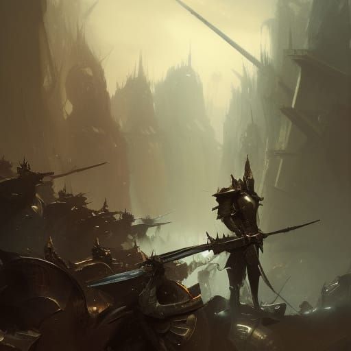 Knight sitting on a large pile of weapons and helmets and ar...