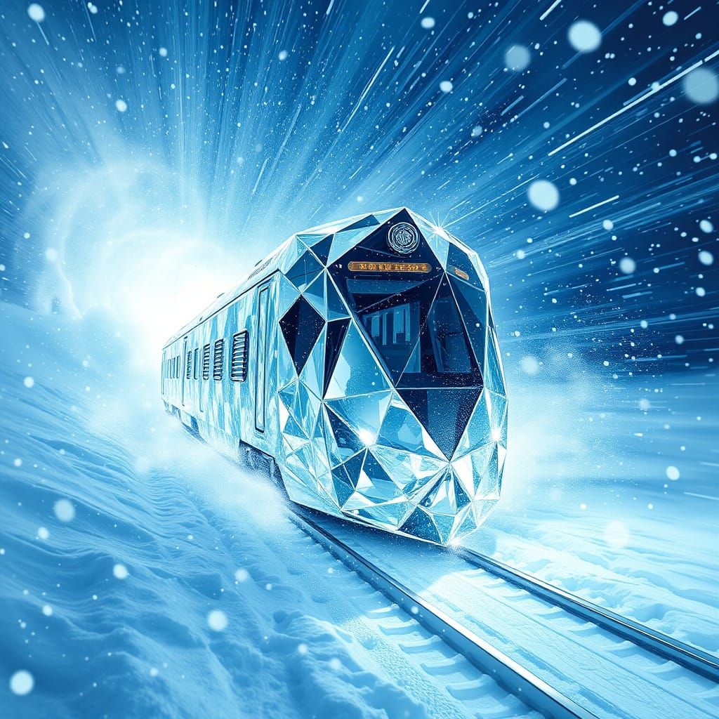 Crystal Train Pierces Winter Blizzard in Futuristic Splendor