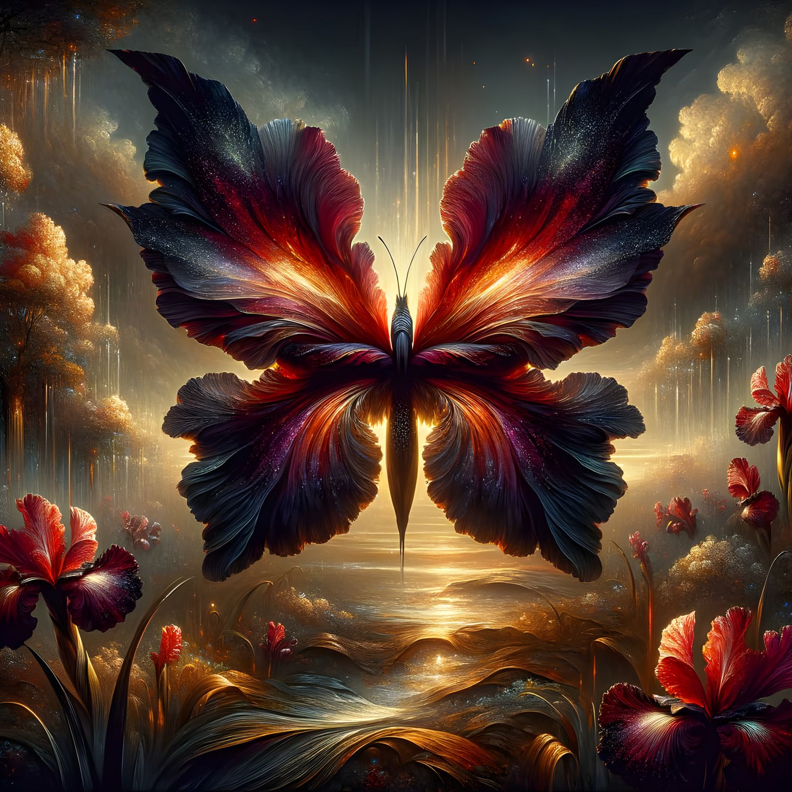A large black and red glittering iris flower that looks like a butterfly. High resolution.   by @Irene