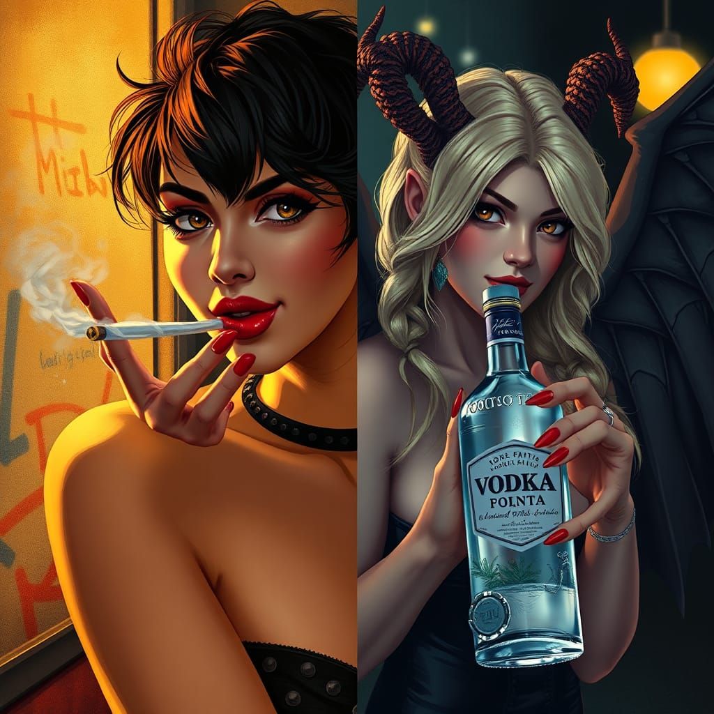 Brunette woman blowing kisses
Emo man smoking a joint 
Stunn...