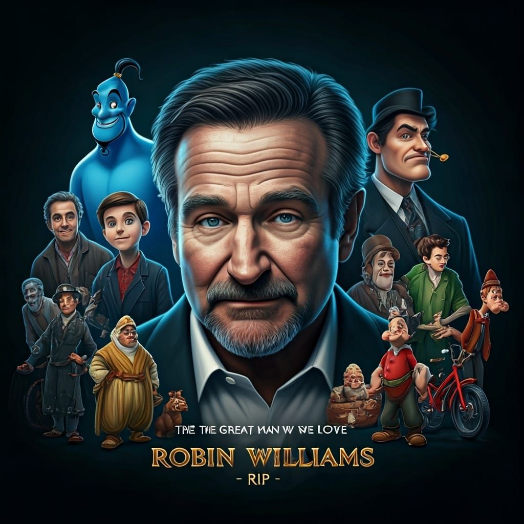 big fancy text saying "THE GREAT MAN WE LOVE ROBIN WILLIAMS RIP" ghost of robin Williams surrounded by characters he PLA...