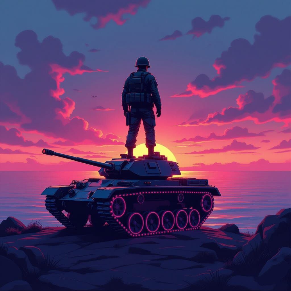 Neon Sculpture of Resilient Soldier on Tank at Sunset