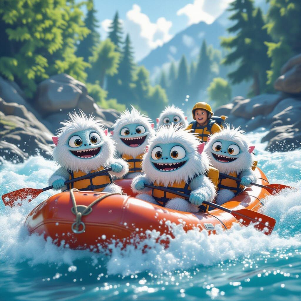 A group of fuzzy monsters going white-water rafting  by @Keejer