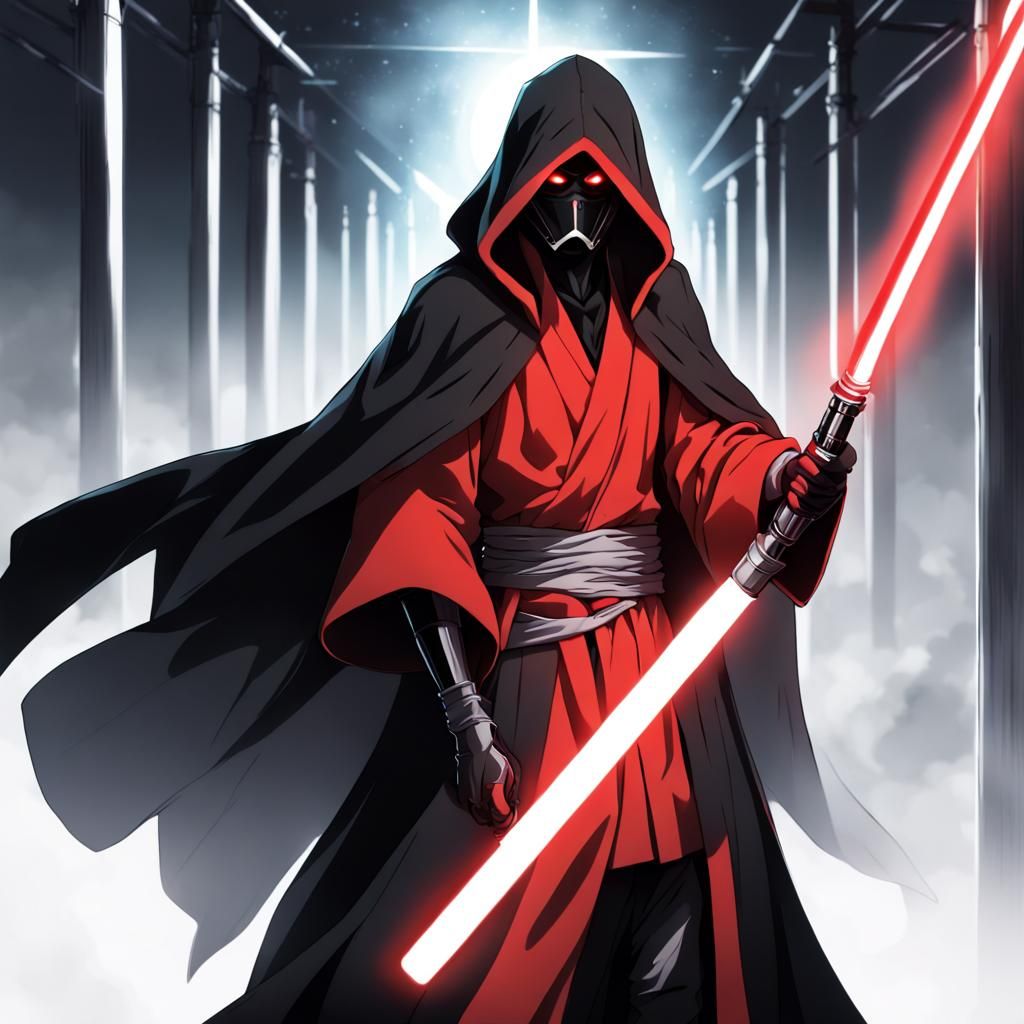 Man In A Black And Red Cloak With Hood Holding A Red Lightsaber - Ai 