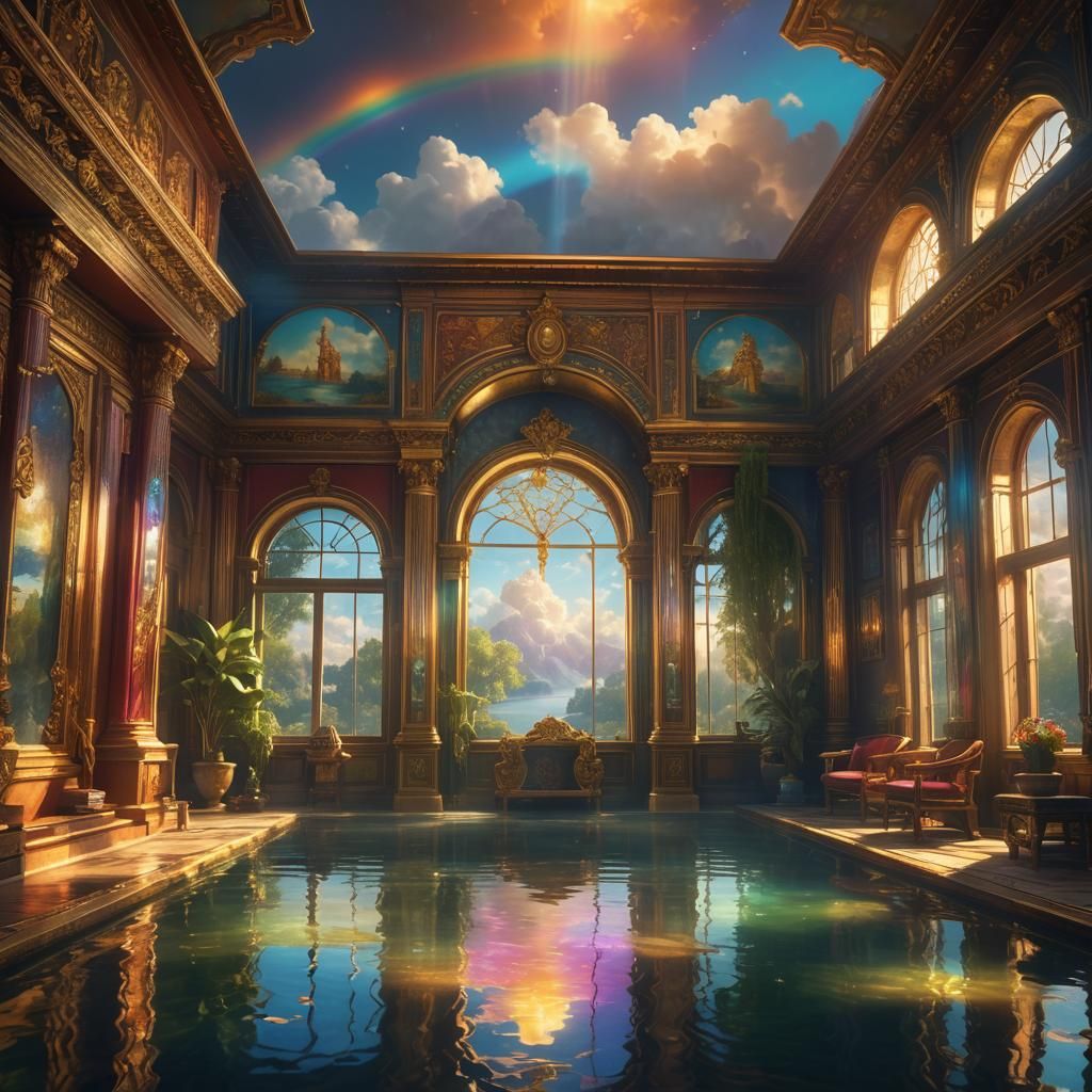Rainbow Reflected in Lake Through Ornate Window