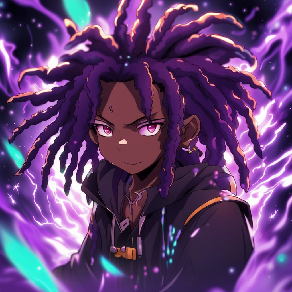 A Black Boy With Dreads That Has Purple Energetic Magical Powers AI a-black-boy-with-dreads-that-has-purple-energetic-magical-powers-ai