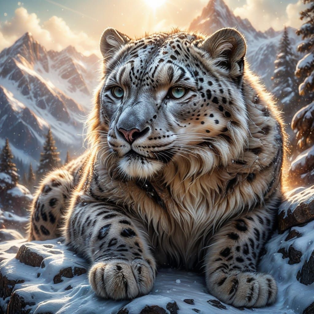 Snow Leopard in Sunlit Snow 🐆☀️