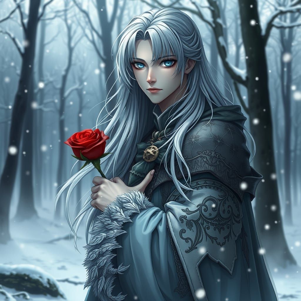 Melancholic Anime Prince in Snowy Forest