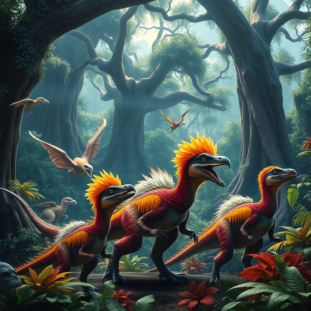 Dinosaur Feathered Raptors detailed matte painting, deep color, fantastical, intricate detail, splash ...  by @LilacVenom
