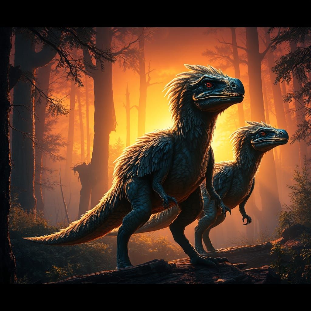 Dinosaur Feathered Raptors detailed matte painting, deep color, fantastical, intricate detail, splash screen, complementary colors, fantasy...