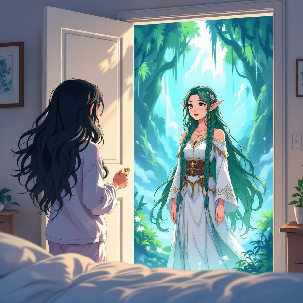 between realistic and anime style, a tired young woman with long messy wavy black hair in pajamas at ...  by @X-96