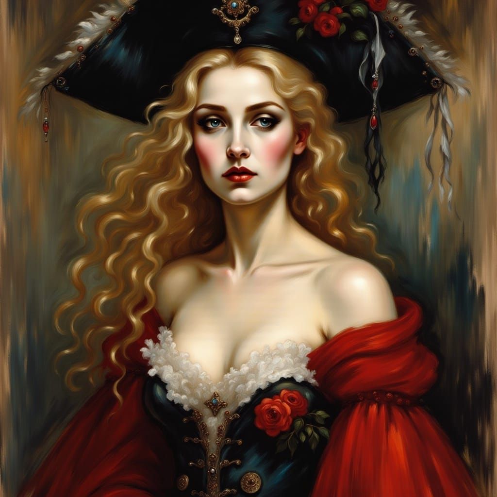 Portrait of a beautiful blonde woman pirate in a red dress <lora:Haunting Portraits:1.0> 