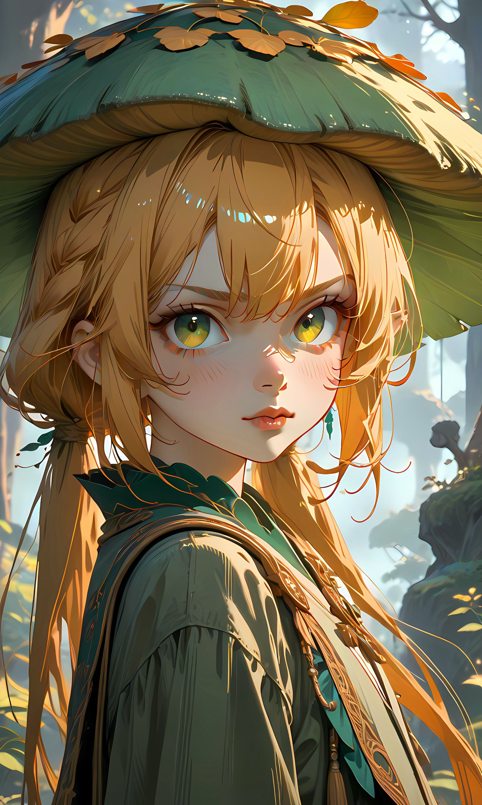 Young girl with a mushroom hat in the forest.