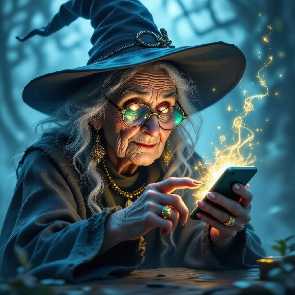 Witch and her smartphone
A wrinkled ancient witch trying to cast spells from a modern smartphone, poking the screen with her long claw-like ...