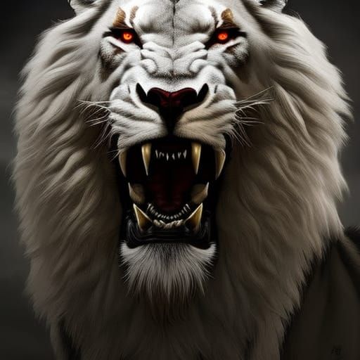 White Lion, Werewolf, Transformed, Snarling, Feral, Buff, Mu...