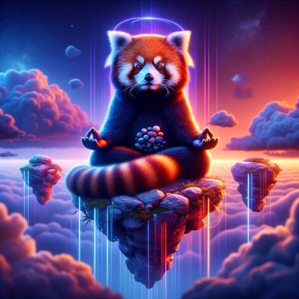 A red panda meditates atop floating rocks.
Clouds drift by in a twilight dimension.
Its aura pulses in shifting rainbow tones.