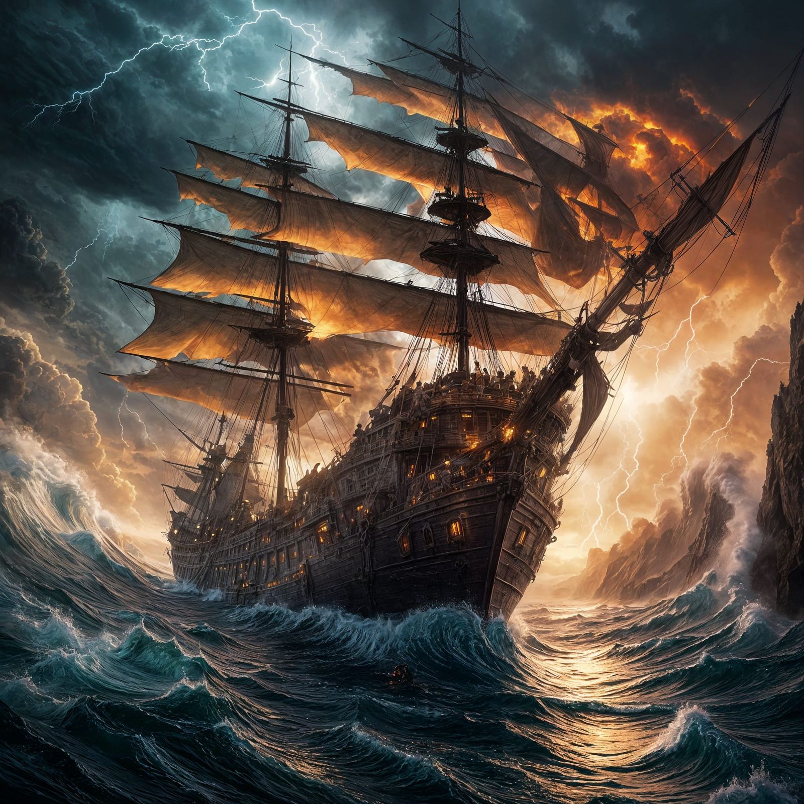 Ship Battles Stormy Seas in Dark Fantasy Style