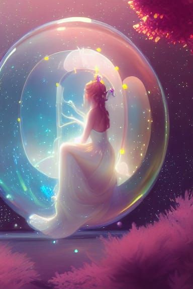 fairy stuck in bubble surrounded by luminous floating crysta...