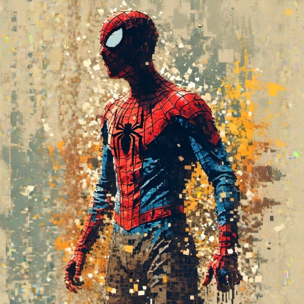 <lora:DistressedPixelation:1.0> A portrait of the incredible spider-man, fading into pixelation, distressed paint, pixelated