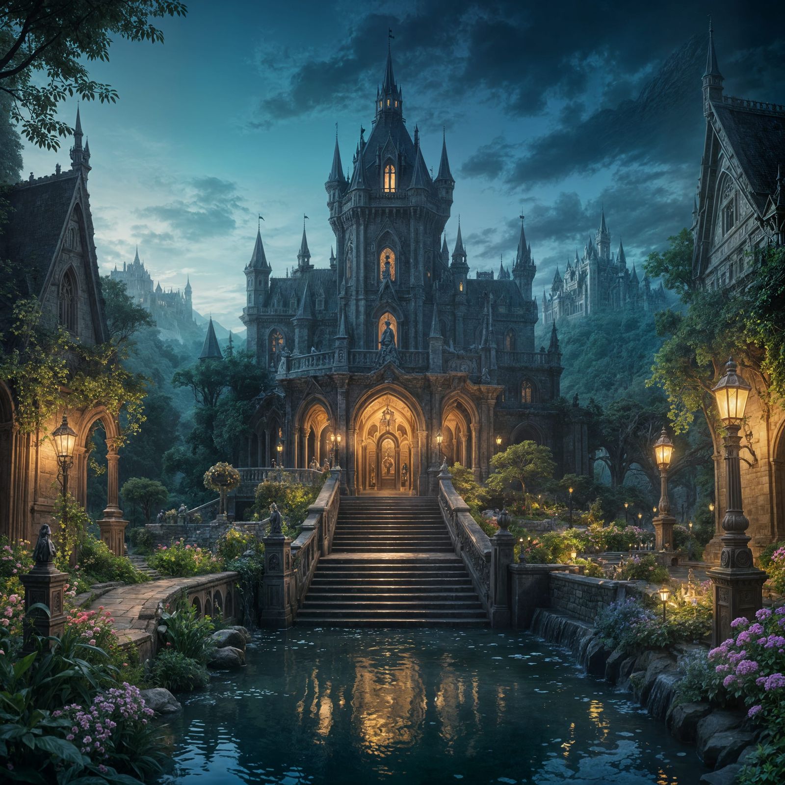 Gothic Castle with Garden and Waterfalls at Night