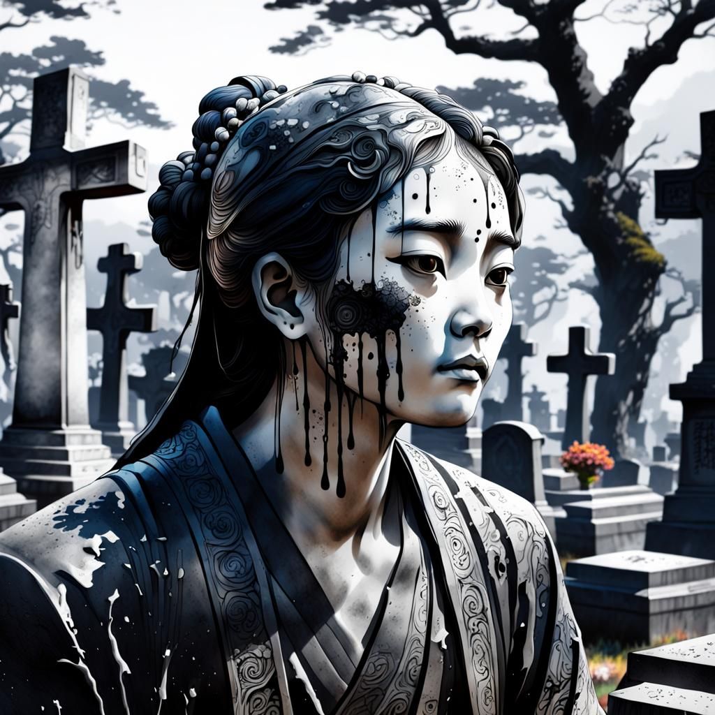 Chinese ink Drawing cimetery white and black, japan atmosphe...