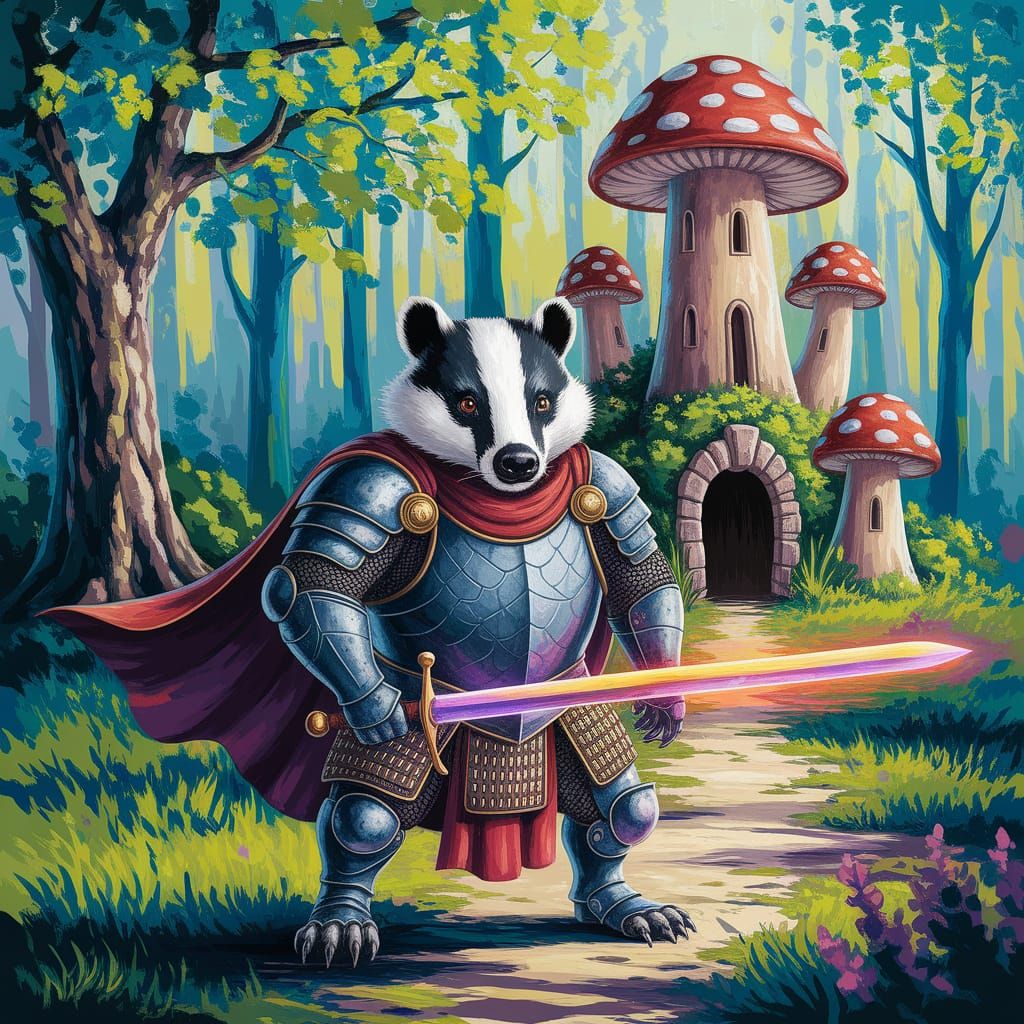 A badger knight in patchwork armor guards a towering mushroom castle in a sunlit forest.