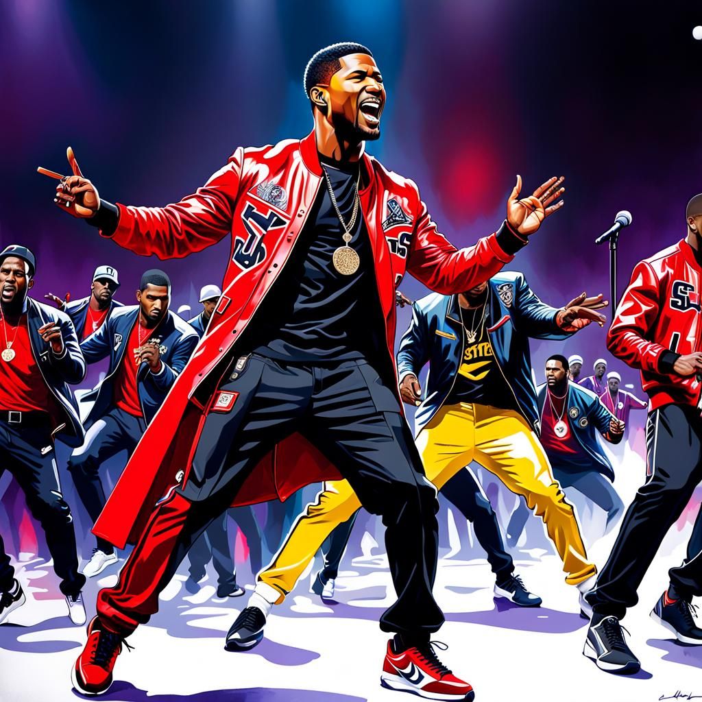 Usher Sets the Super Bowl Stage Ablaze in Fiery Hip Hop Attire: Unforgettable Performance with Electrifying Backup Dancers