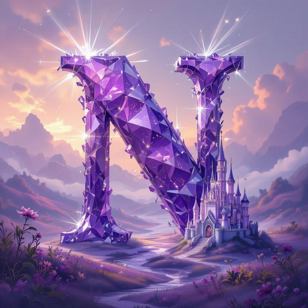 Amethyst Letter N Crystal Castle in Fantasy Art Style