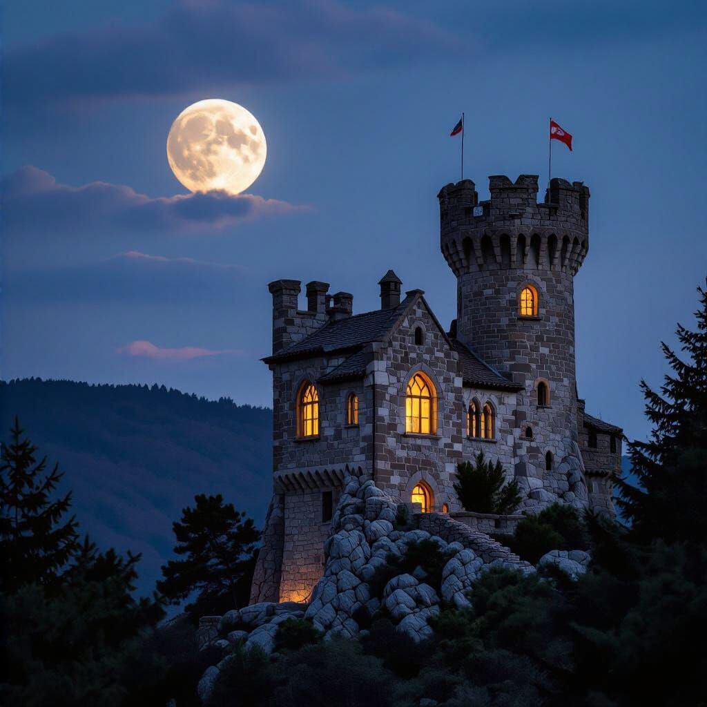 Dark Castle in Forest at Night with Monster