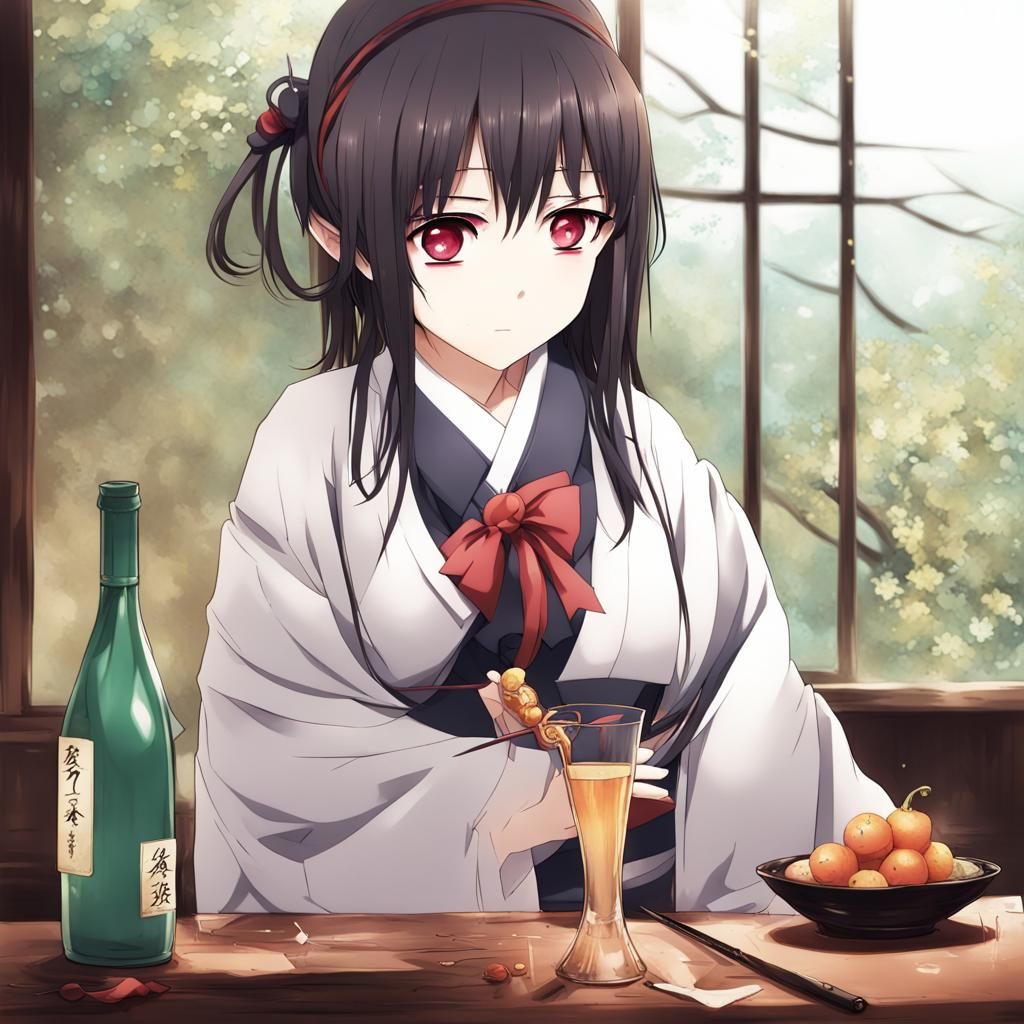 Anime Style: Beautiful Woman Enjoying Wine